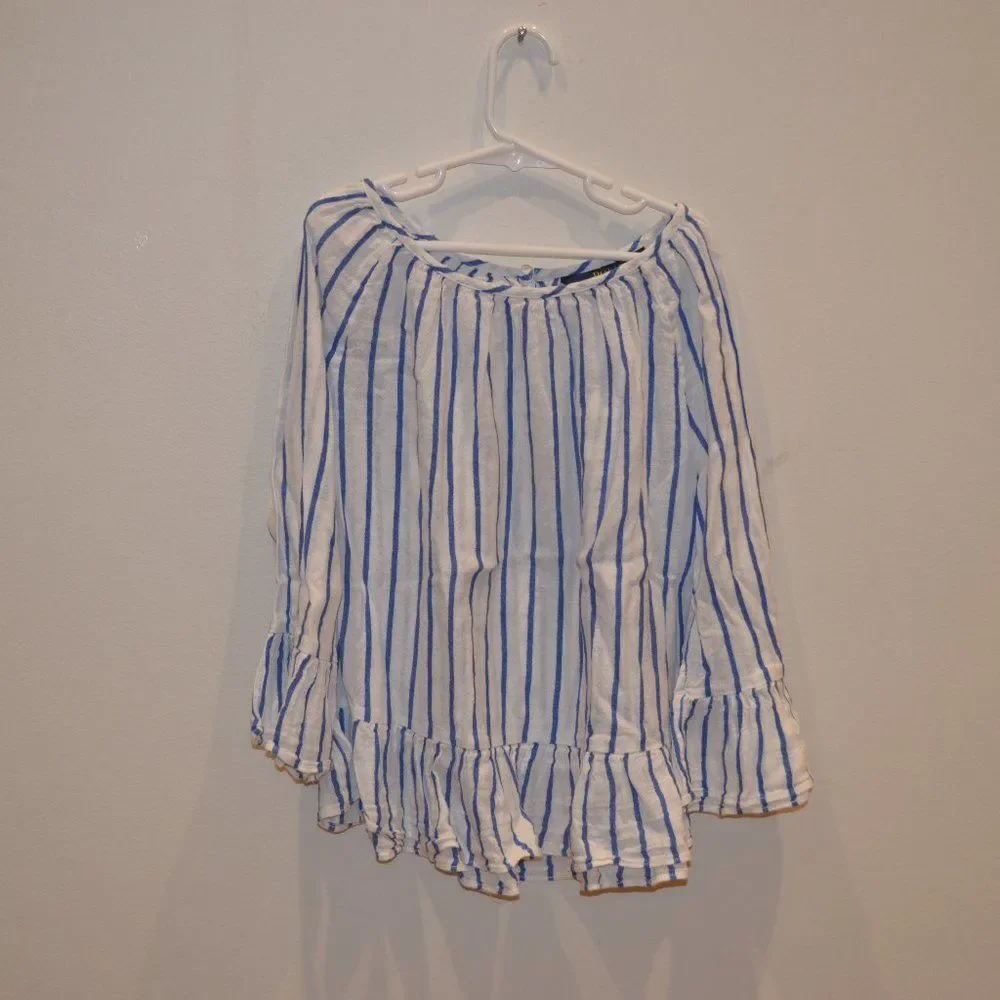Polo Ralph Lauren Girls (8) Striped Summer Blue White Peplum Blouse Top